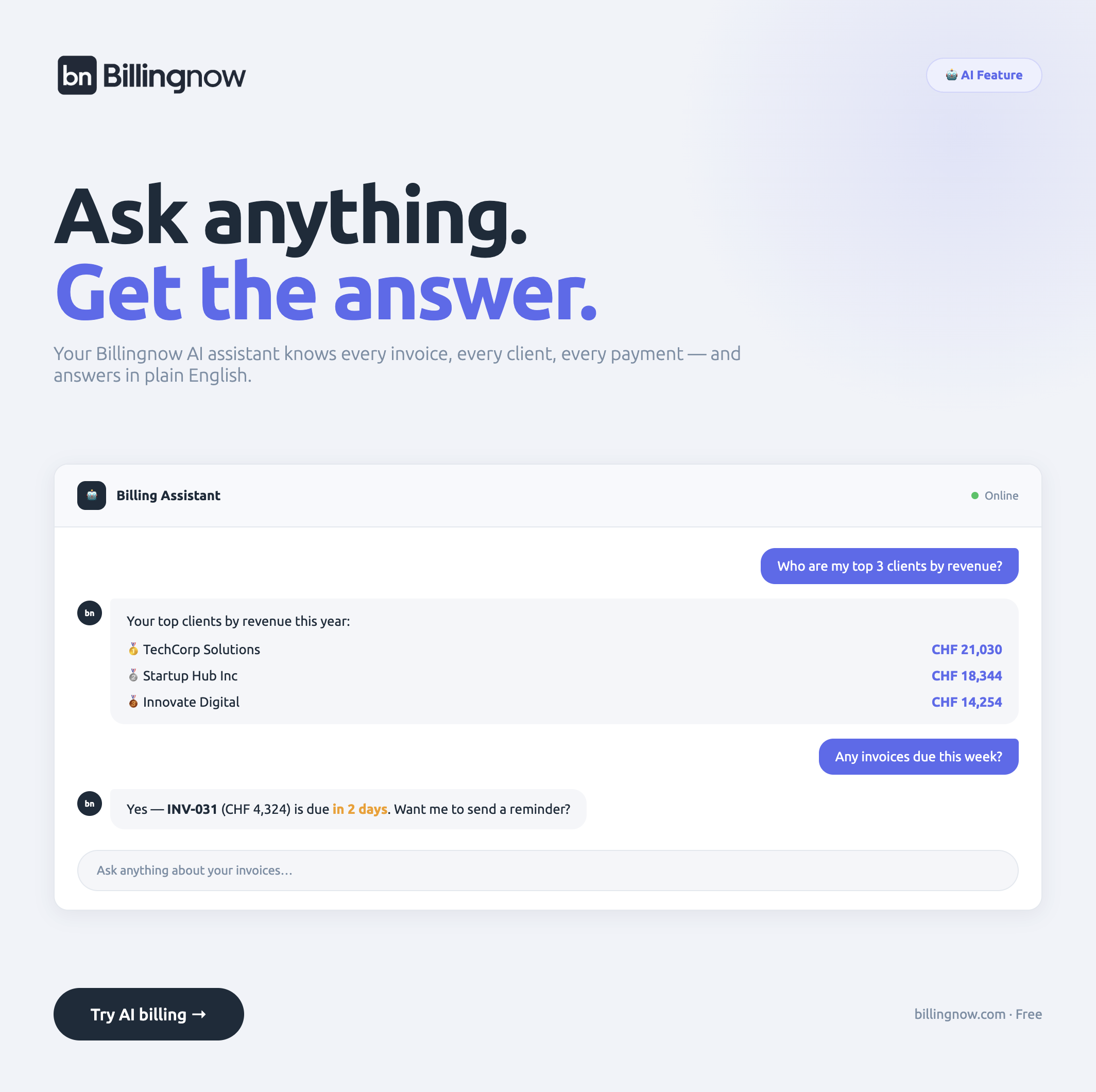 Agentic AI interface suggesting billing actions in BillingNow Agentic AI interface suggesting billing actions in BillingNow