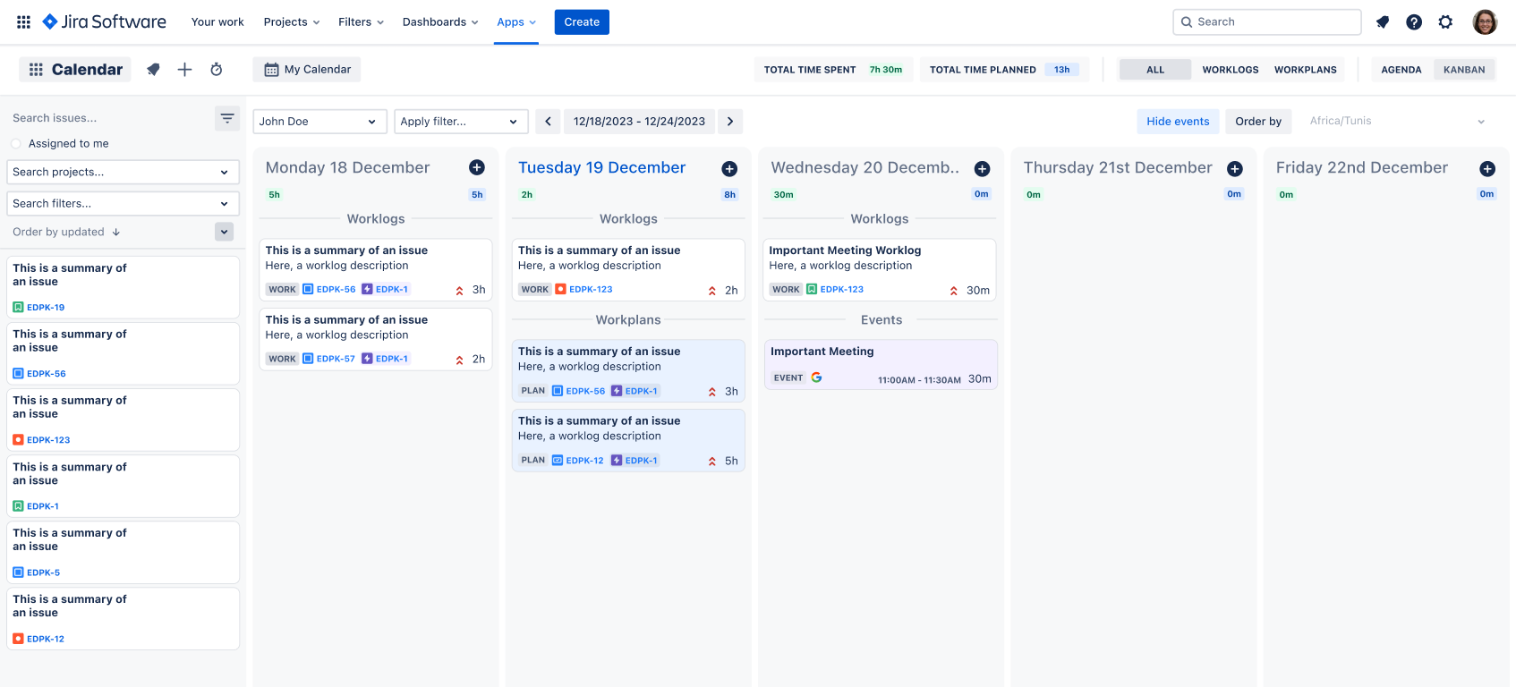Kanban calendar view combining external events, worklogs, and planning Kanban calendar view combining external events, worklogs, and planning
