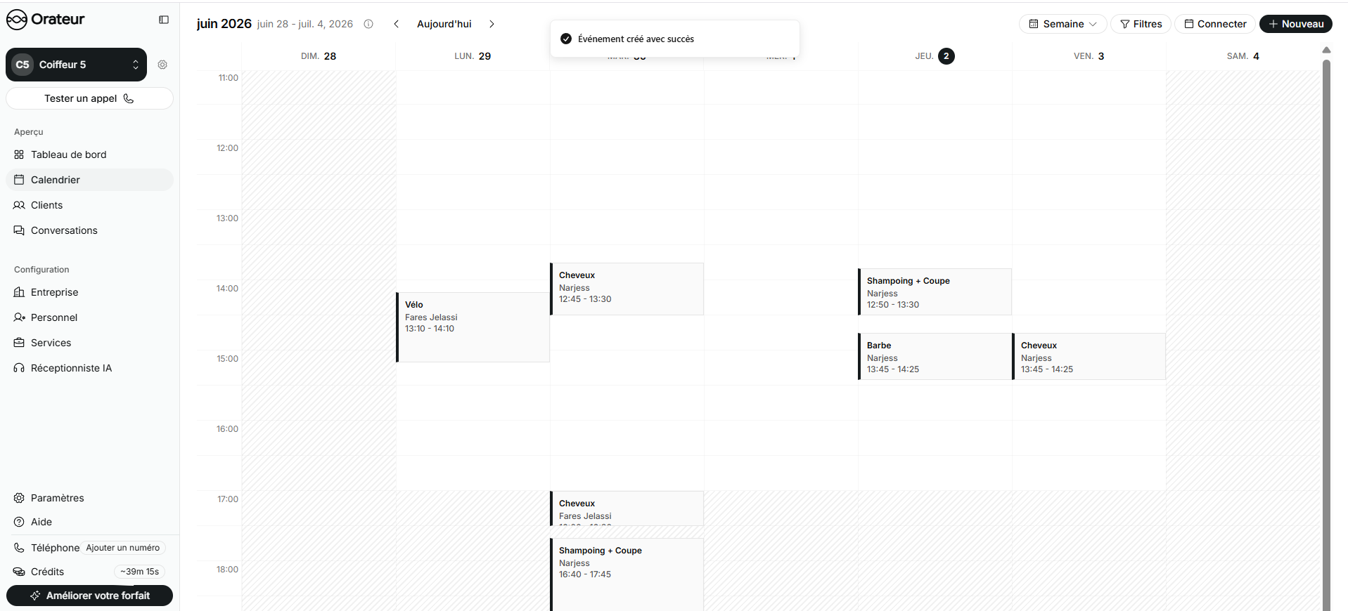 Full calendar on Orateur with appointments taken by AI receptionist