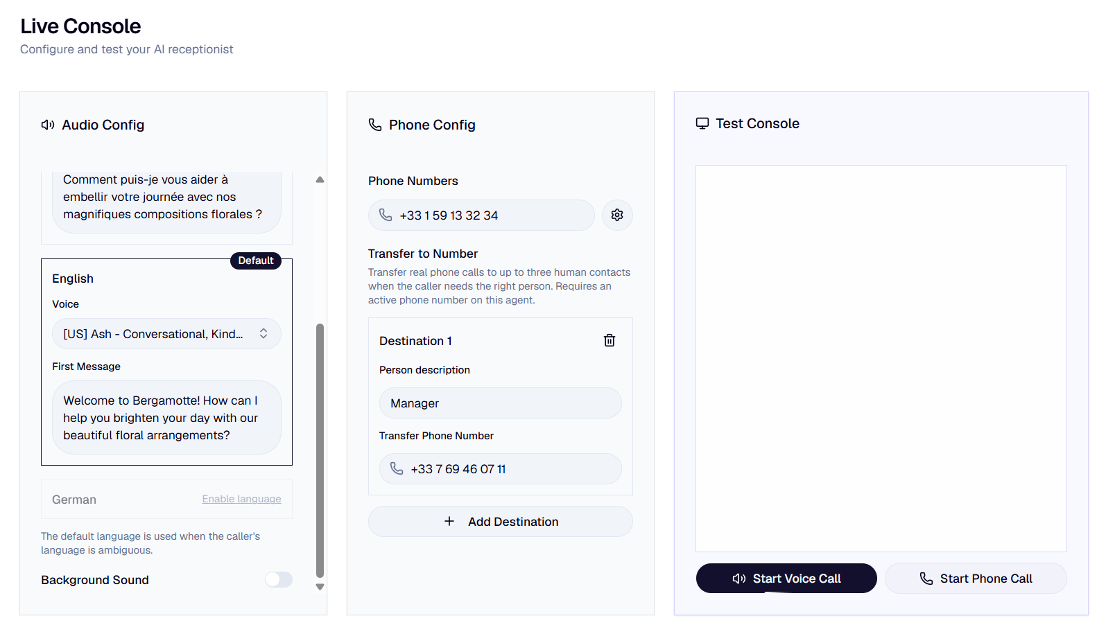 Screenshot of Orateur's live console where managers can edit the AI voice agent prompt and choose to transfer calls to a human manager