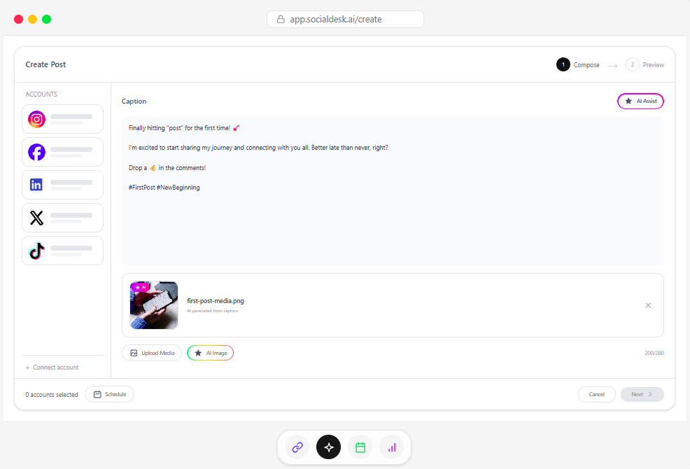 Generate posts and images with AI directly in SocialDesk Generate posts and images with AI directly in SocialDesk