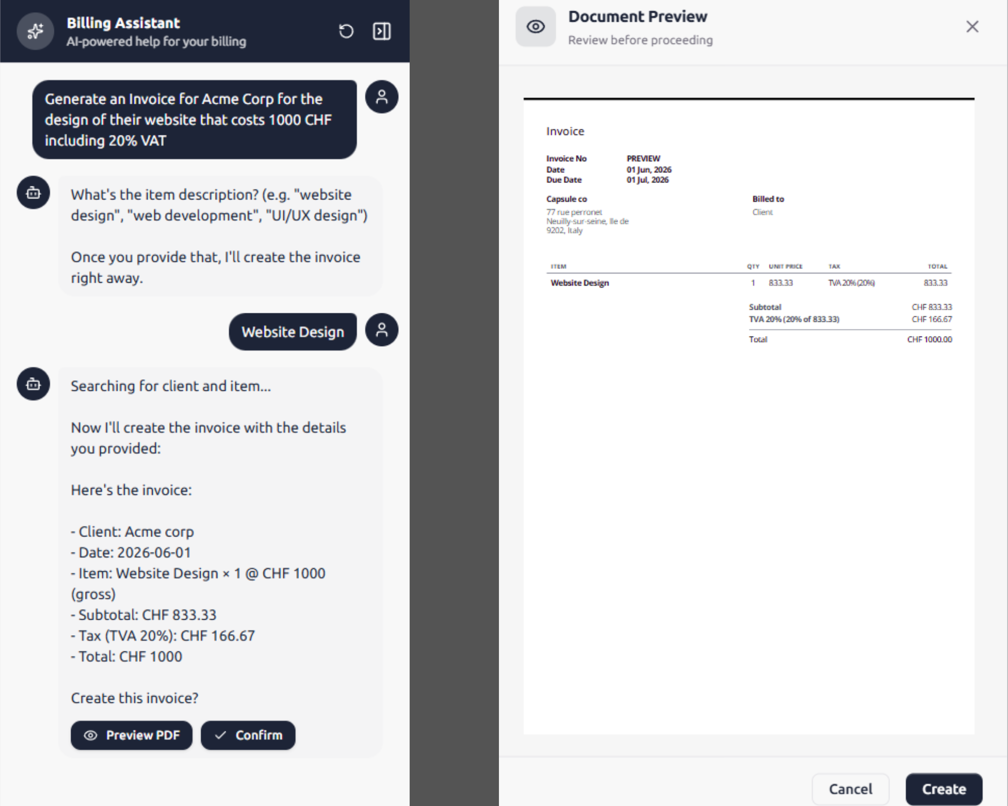 Example of AI assistant invoice generation in BillingNow