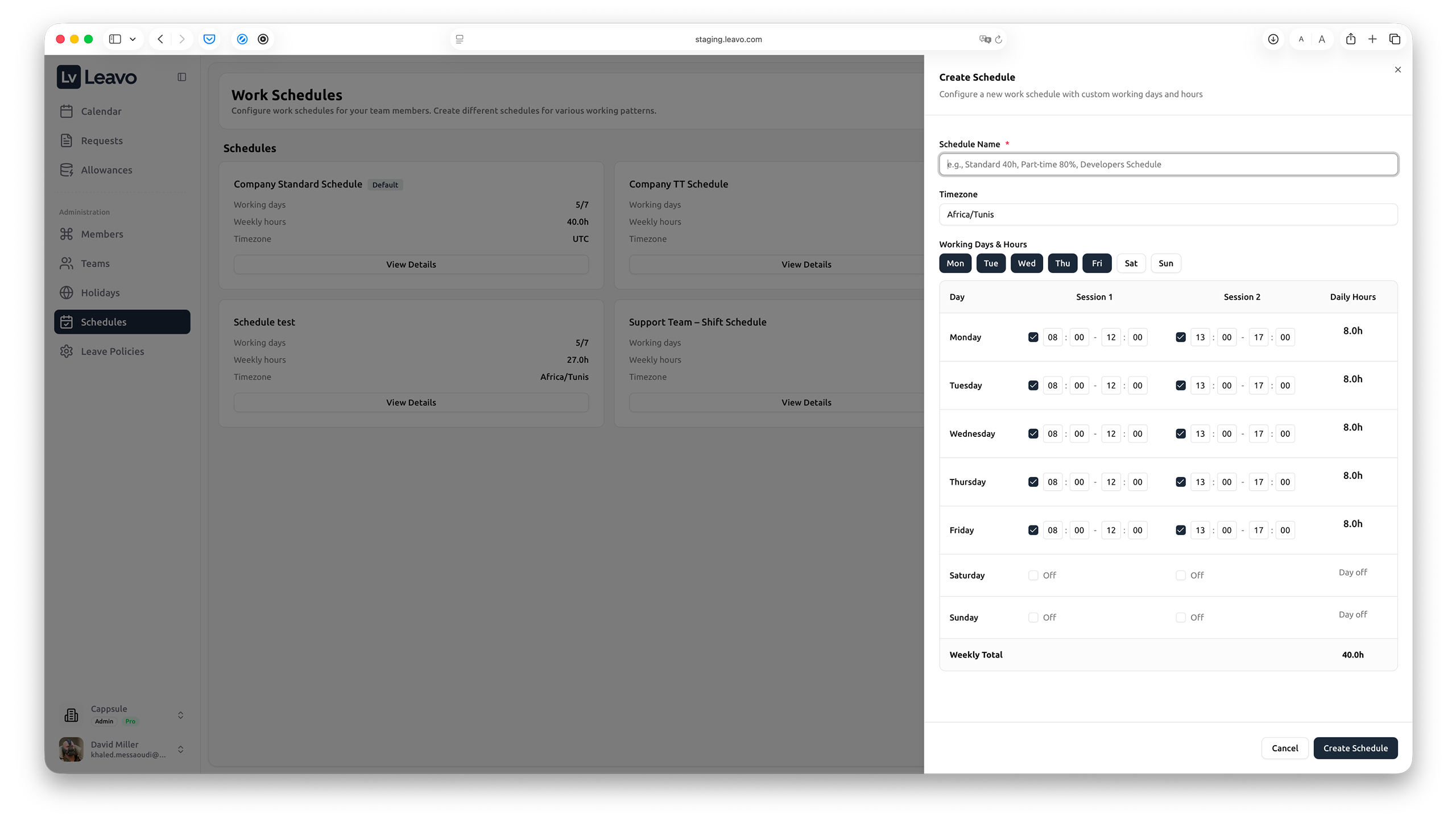 Creating and assigning team or member schedules in Leavo