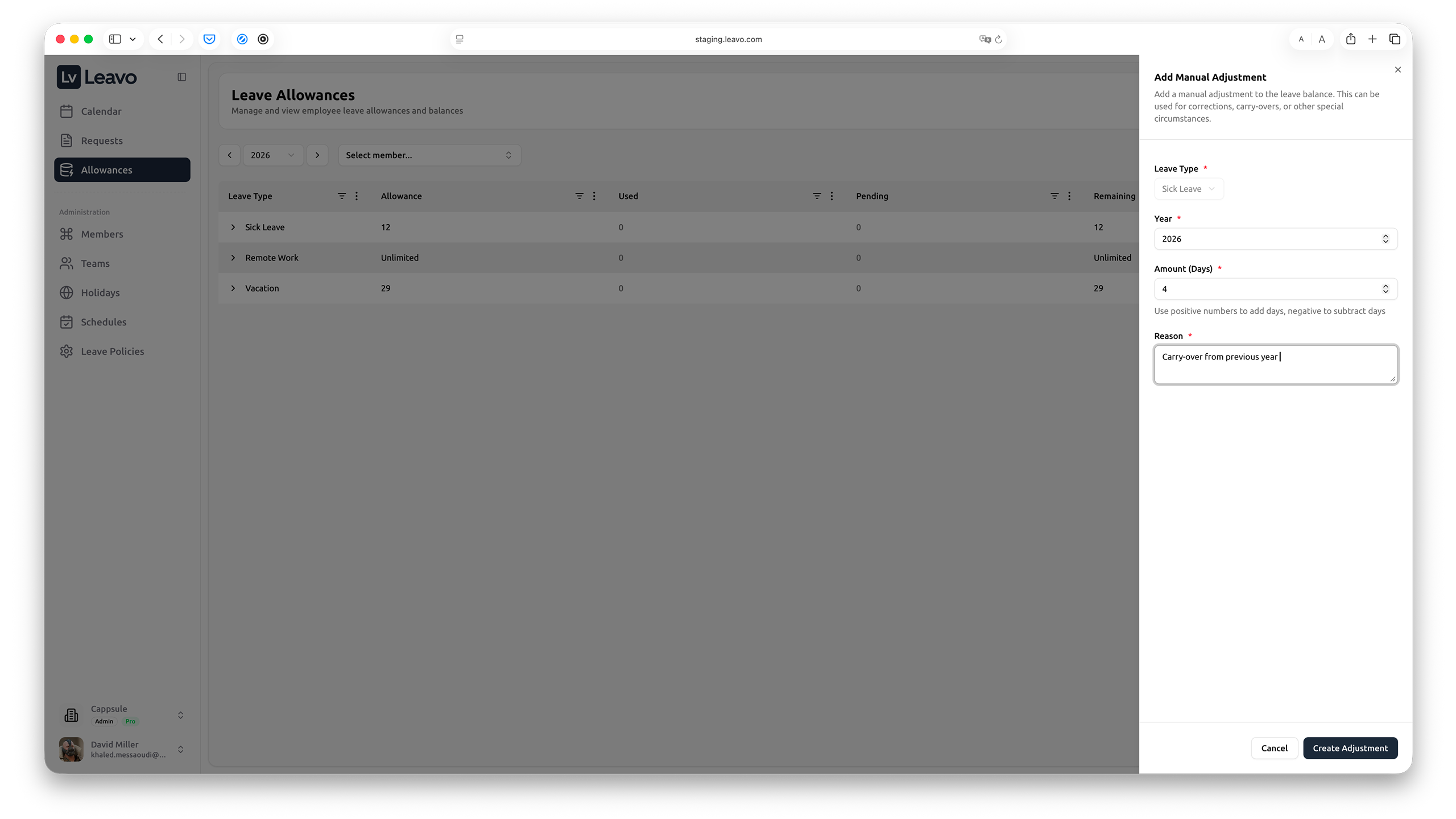 Manual adjustment screen in Leavo for exception handling with audit trail