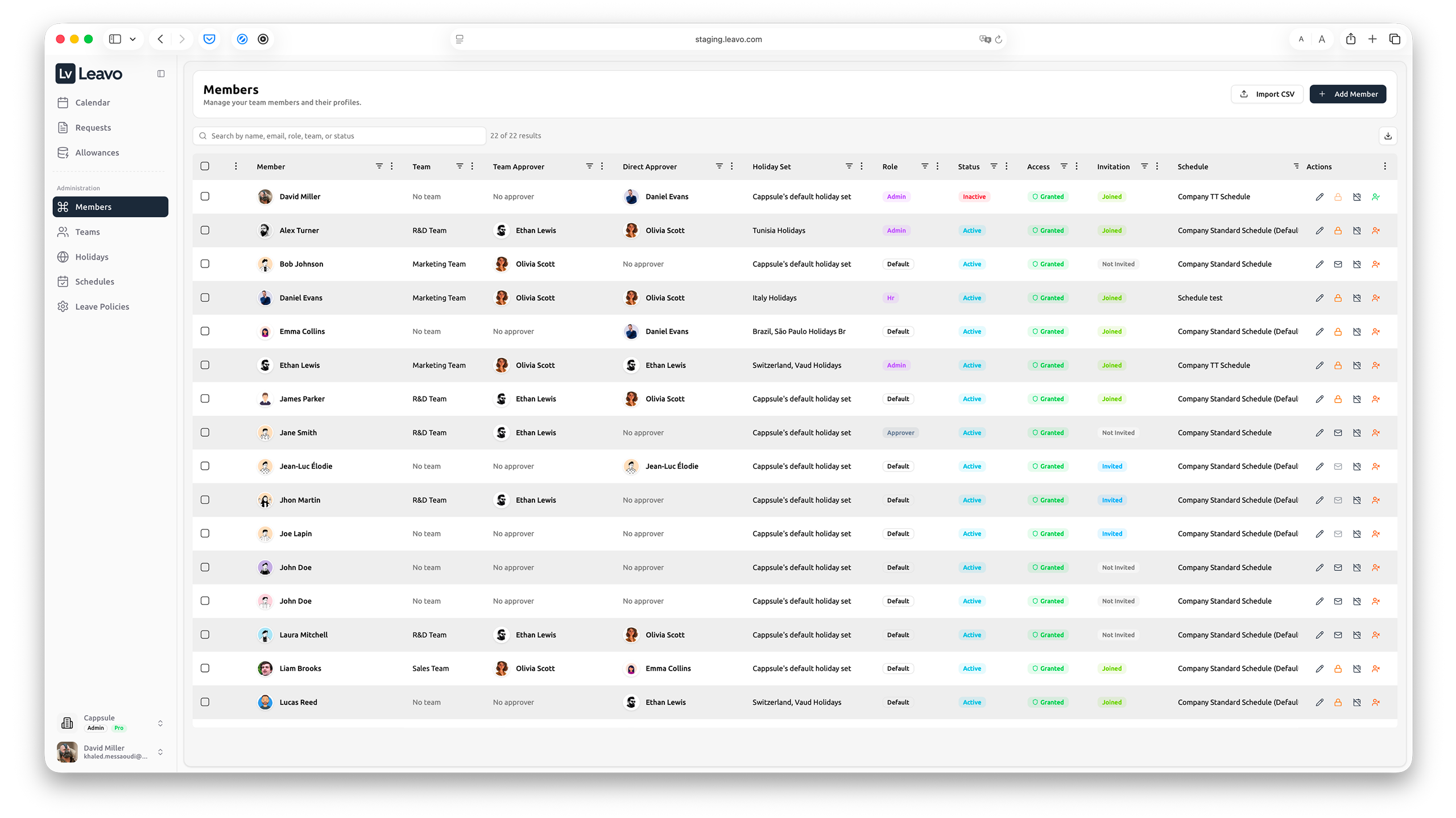 Managing employees, their managers, schedules, holidays, and platform access in Leavo