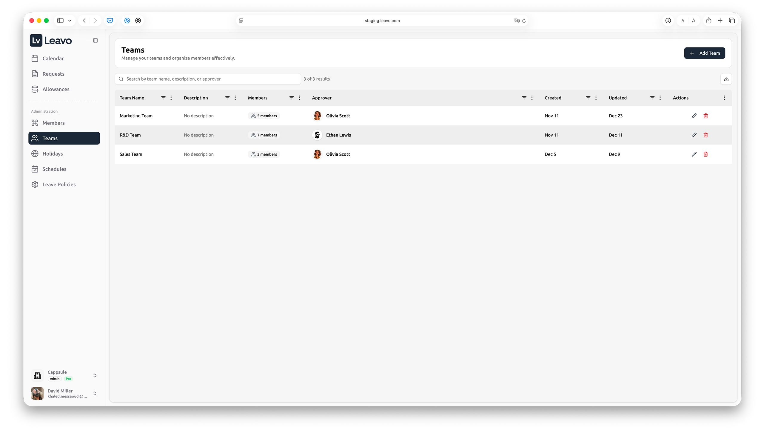 Organized teams and managers in Leavo for team-level reporting