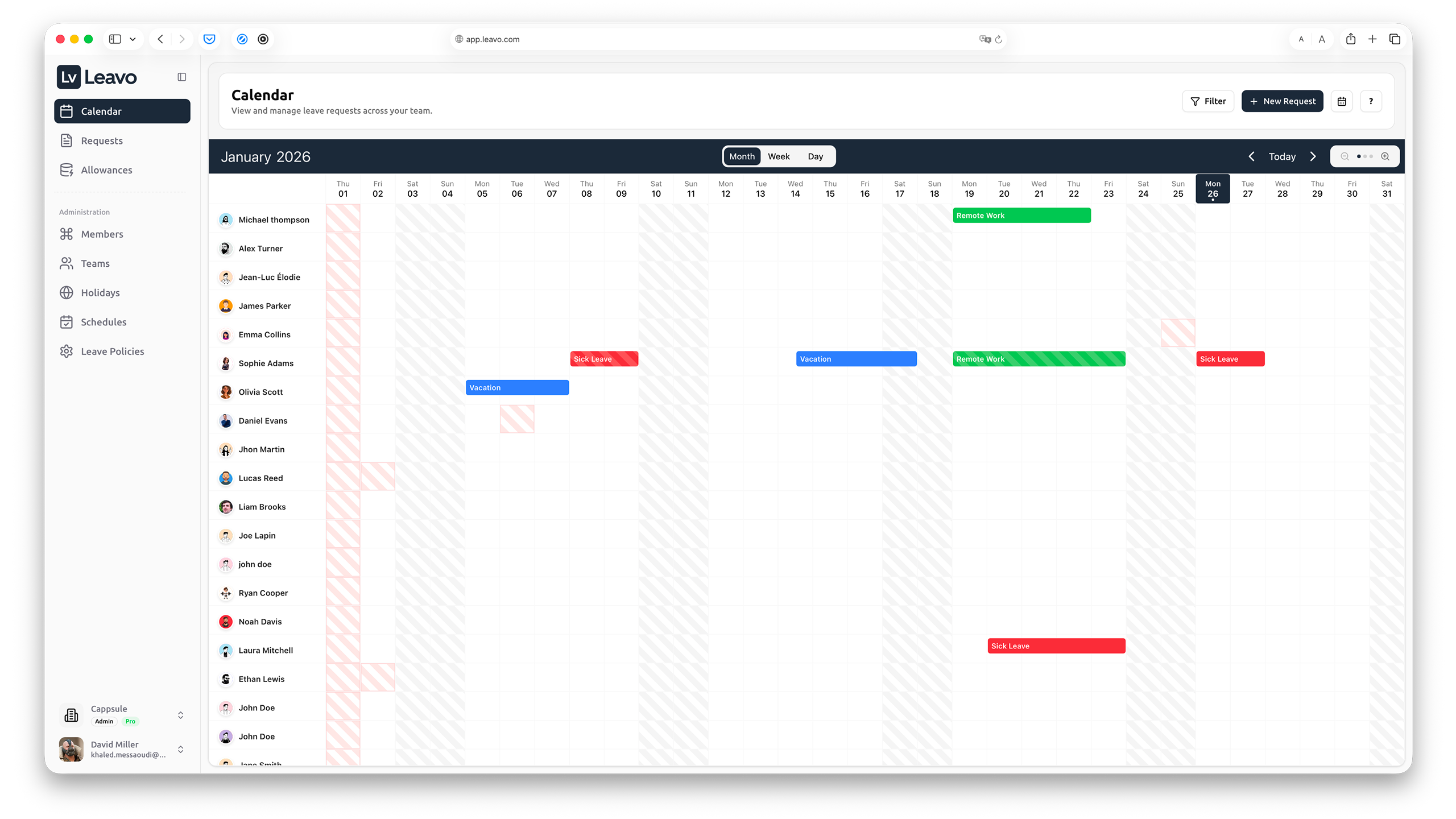 Leavo calendar showing patterns of presence and absence across weeks