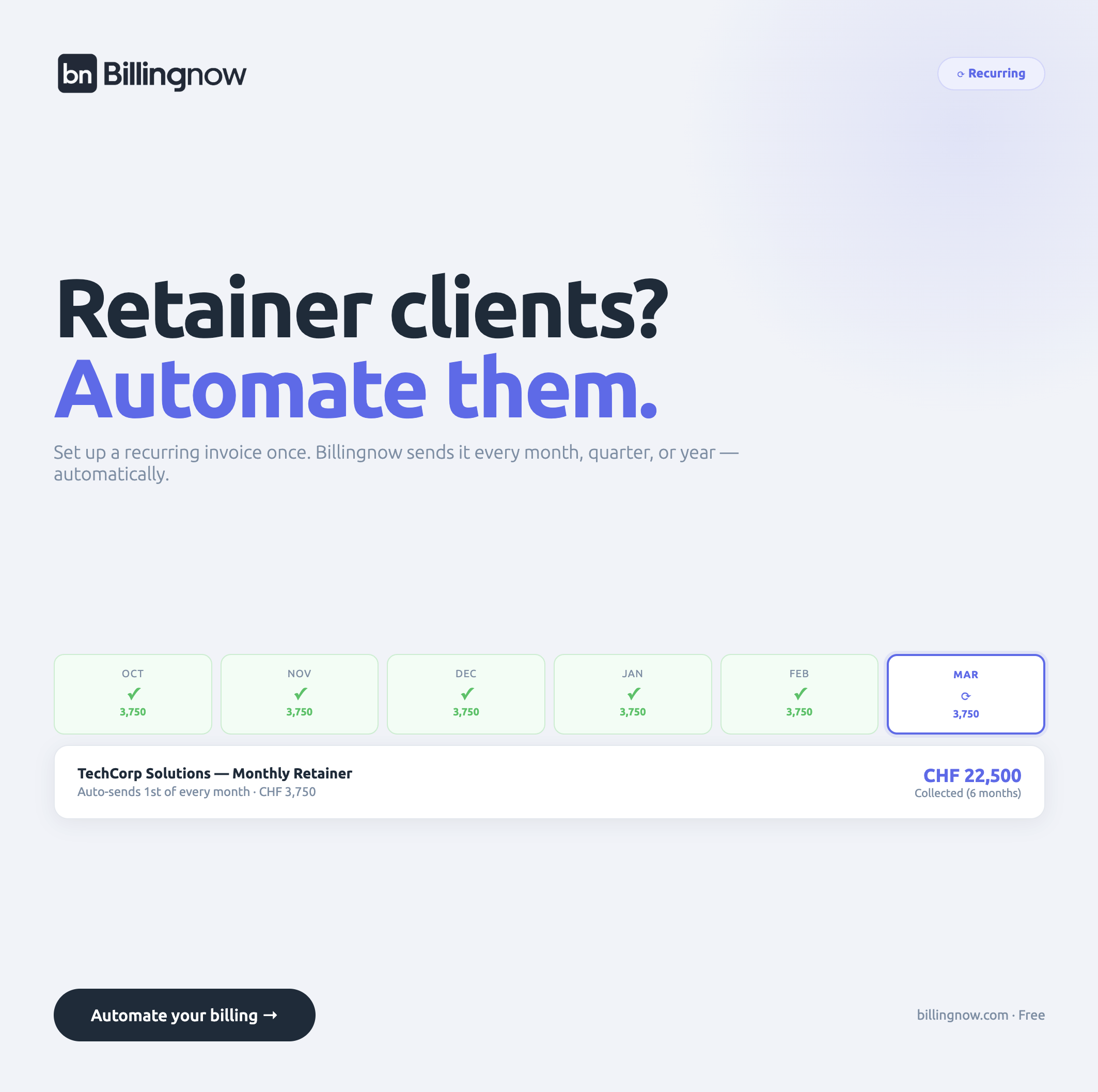 Visual highlighting easy automation of recurring invoices with a calendar and automated invoice generation Visual highlighting easy automation of recurring invoices with a calendar and automated invoice generation