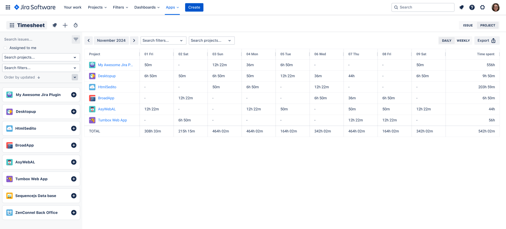 End user timesheet showing a unified view of logged work for a selected period End user timesheet showing a unified view of logged work for a selected period