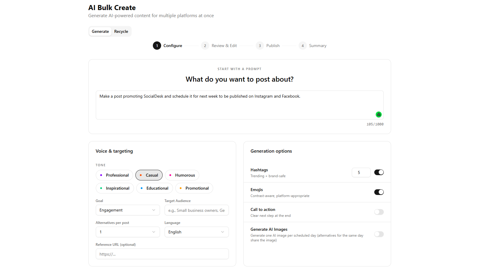 Creating and scheduling posts for different platforms in SocialDesk