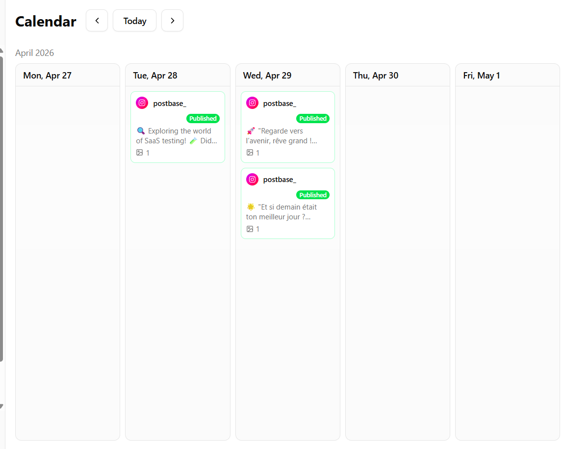 Calendar showing AI-optimized posts across multiple social accounts in SocialDesk Calendar showing AI-optimized posts across multiple social accounts in SocialDesk