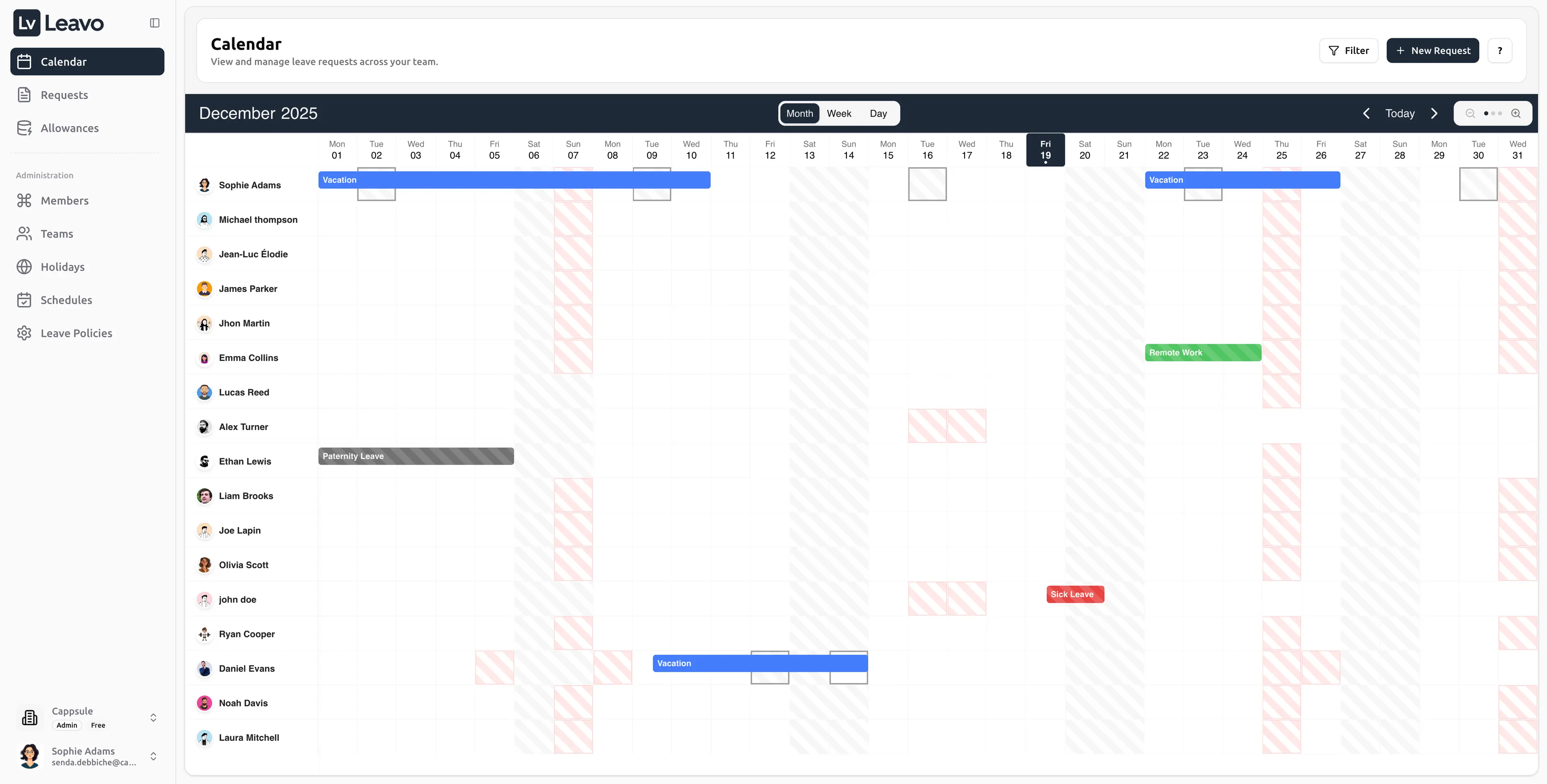 Team calendar in Leavo showing different members' absences and presence