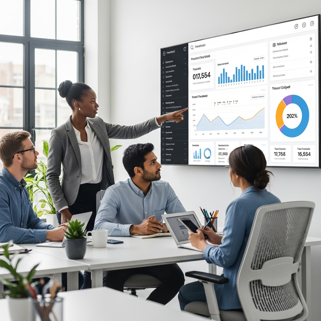 Team reviewing digital timesheet dashboard