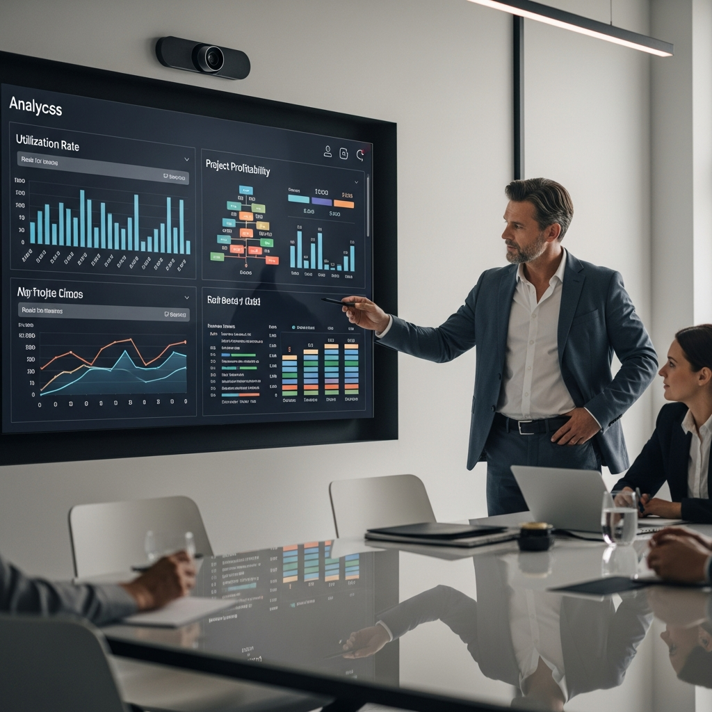 Executive reviewing timesheet analytics for decisions