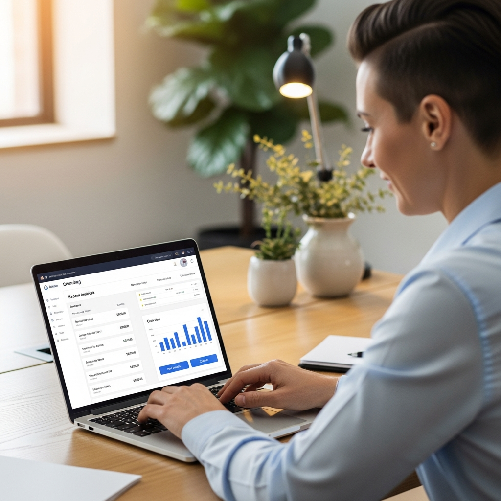 Small business owner using e-invoicing software