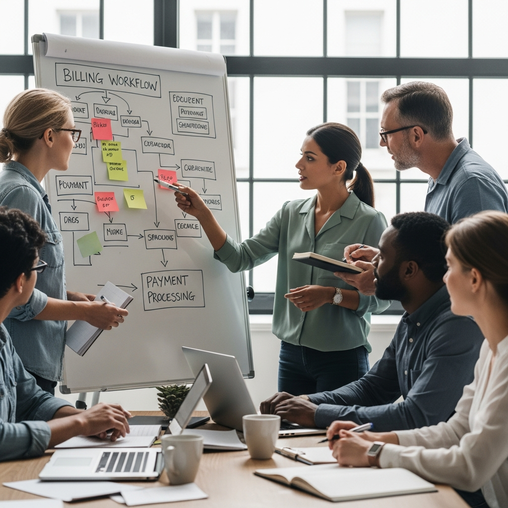 Team discussing billing workflows