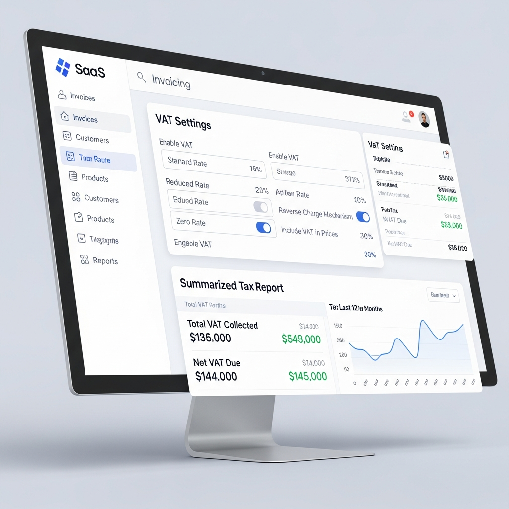 Invoicing dashboard with VAT settings highlighted