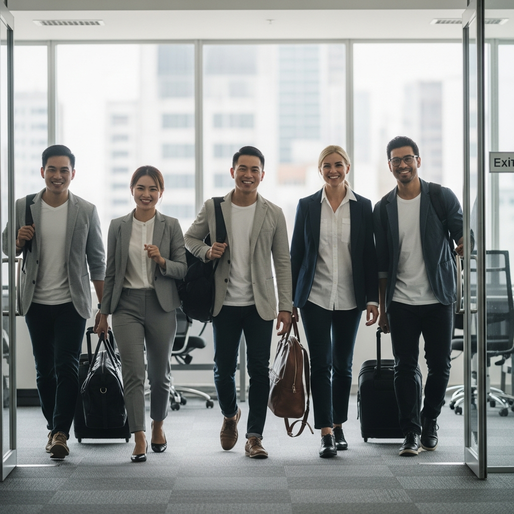 Happy team walking out of office with suitcases