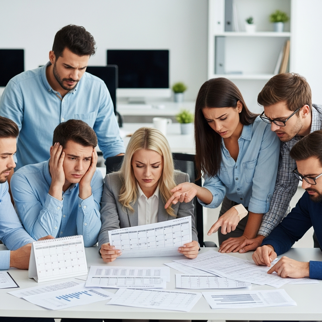 Busy office team looking at messy calendar