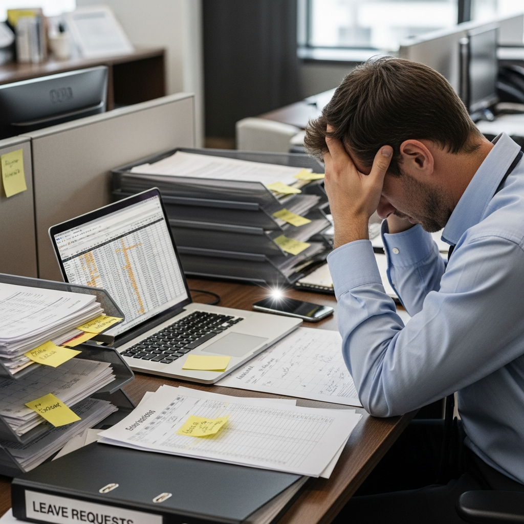 Person juggling multiple devices and papers