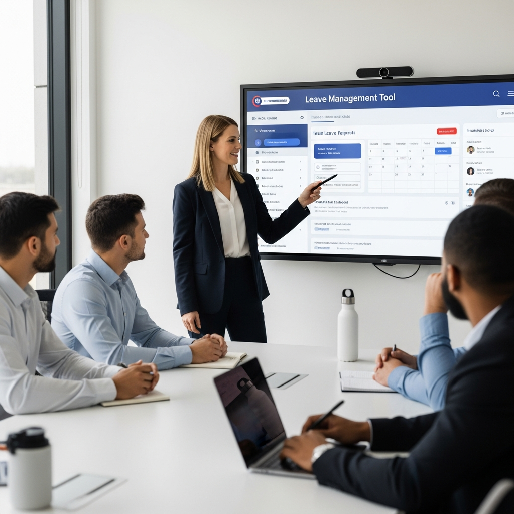 HR manager presenting a new leave system to a small group