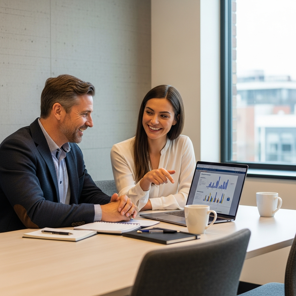 Manager and employee talking over a laptop in a calm meeting