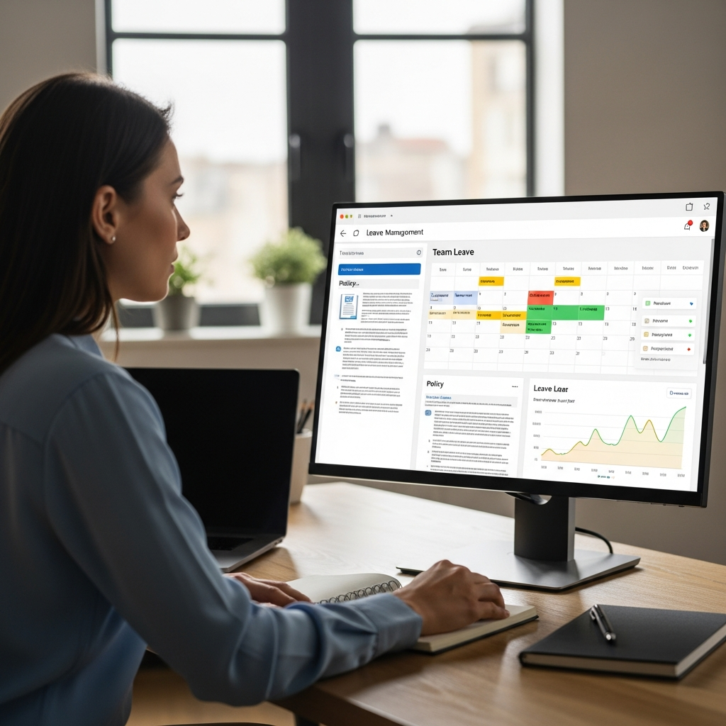 HR manager reviewing policy with dashboard