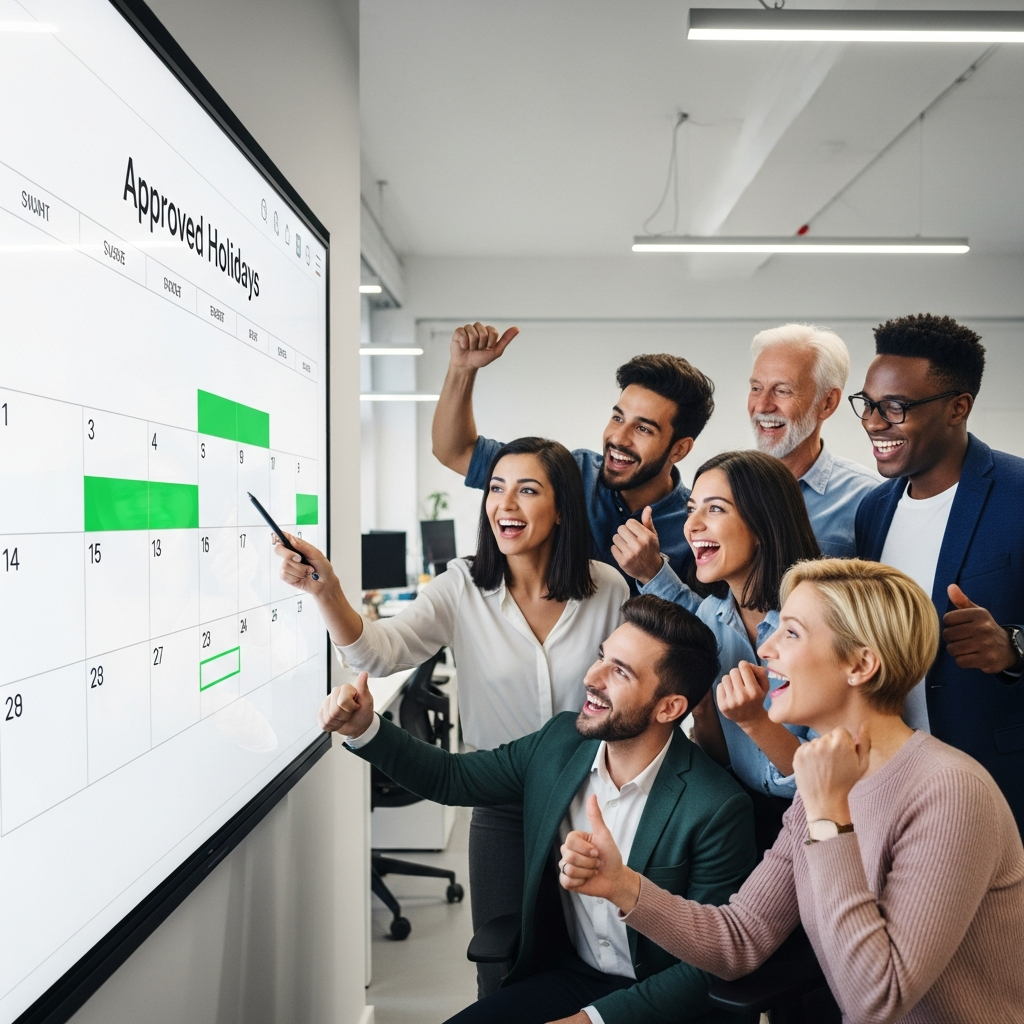 Diverse team celebrating in office with calendar on screen