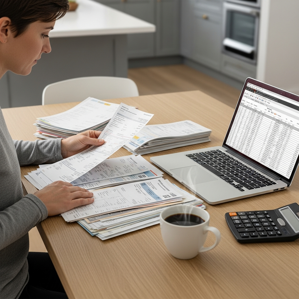 Person reviewing bills at kitchen table Person reviewing bills at kitchen table