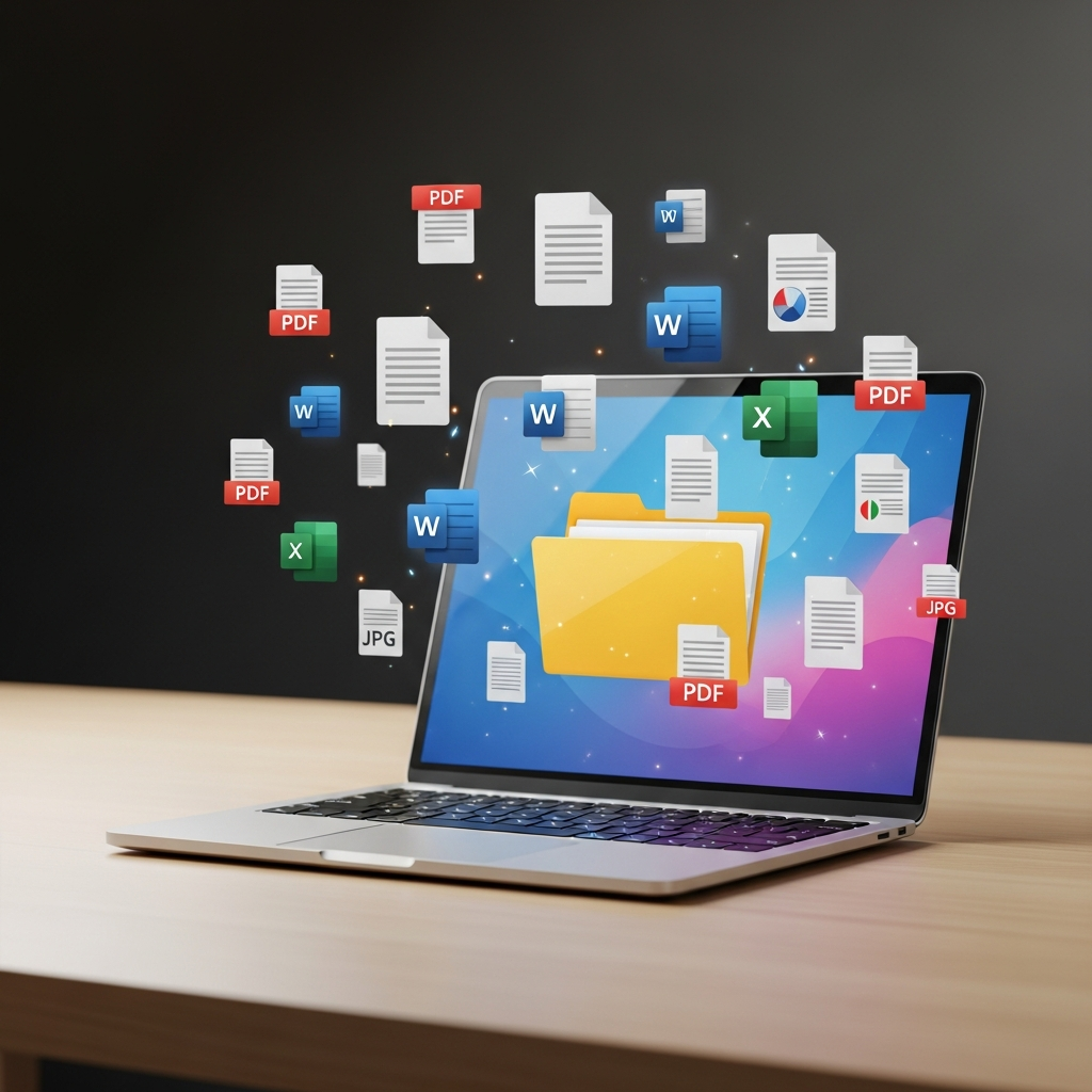 Folder and laptop with organized digital documents Folder and laptop with organized digital documents