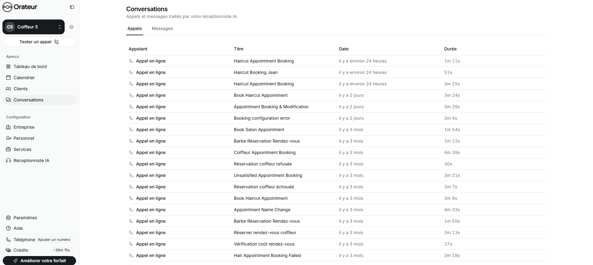 List of conversations handled by AI receptionists in Orateur