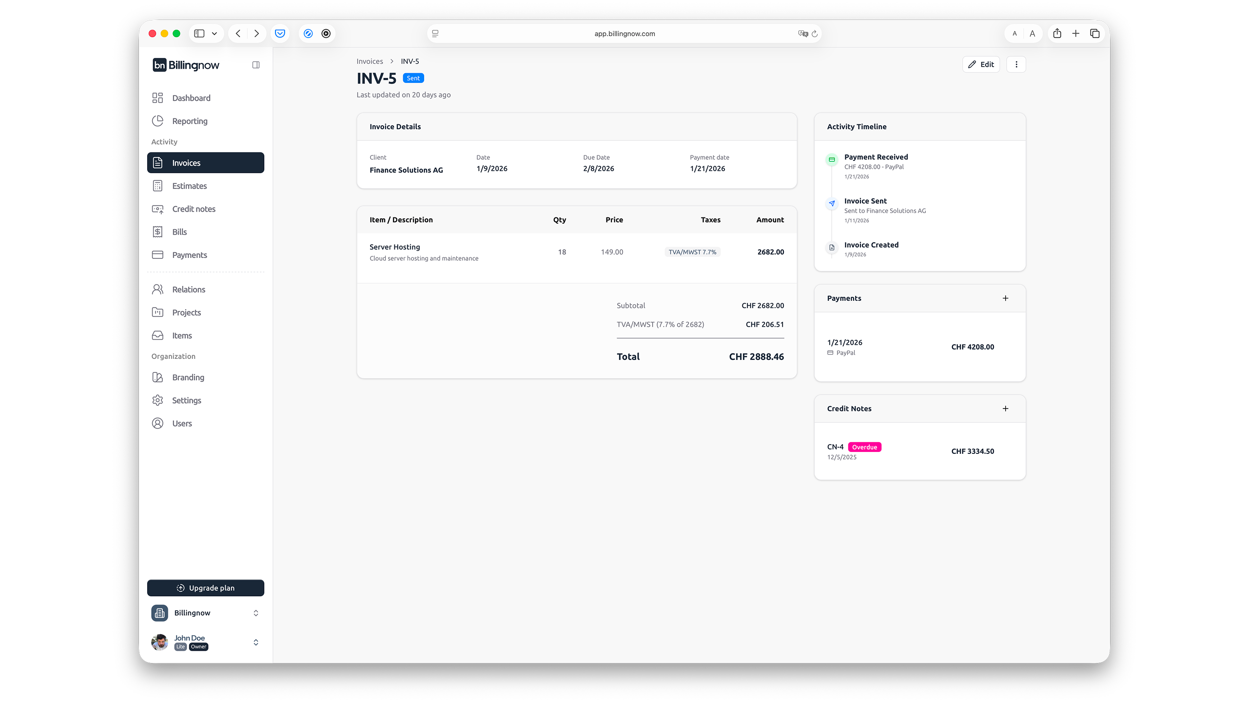 Invoice details screen showing a timeline of events for that invoice