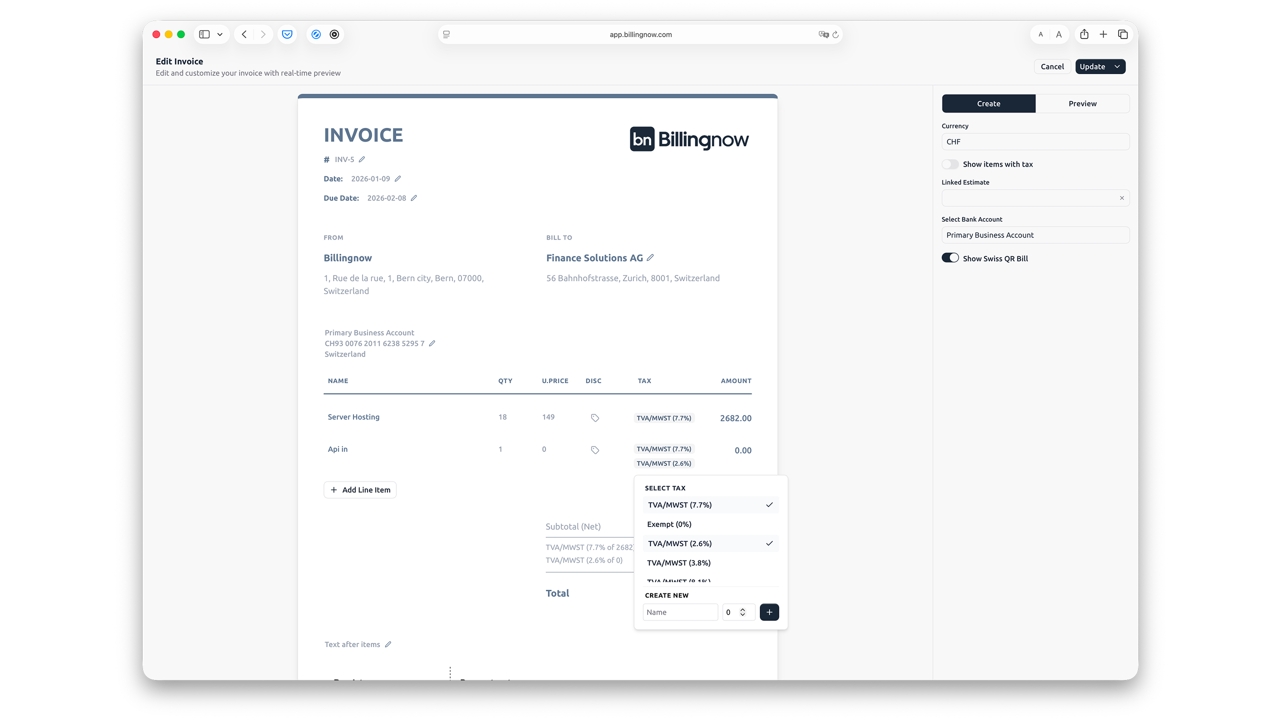 Invoice inline editor accessible from a reporting workflow