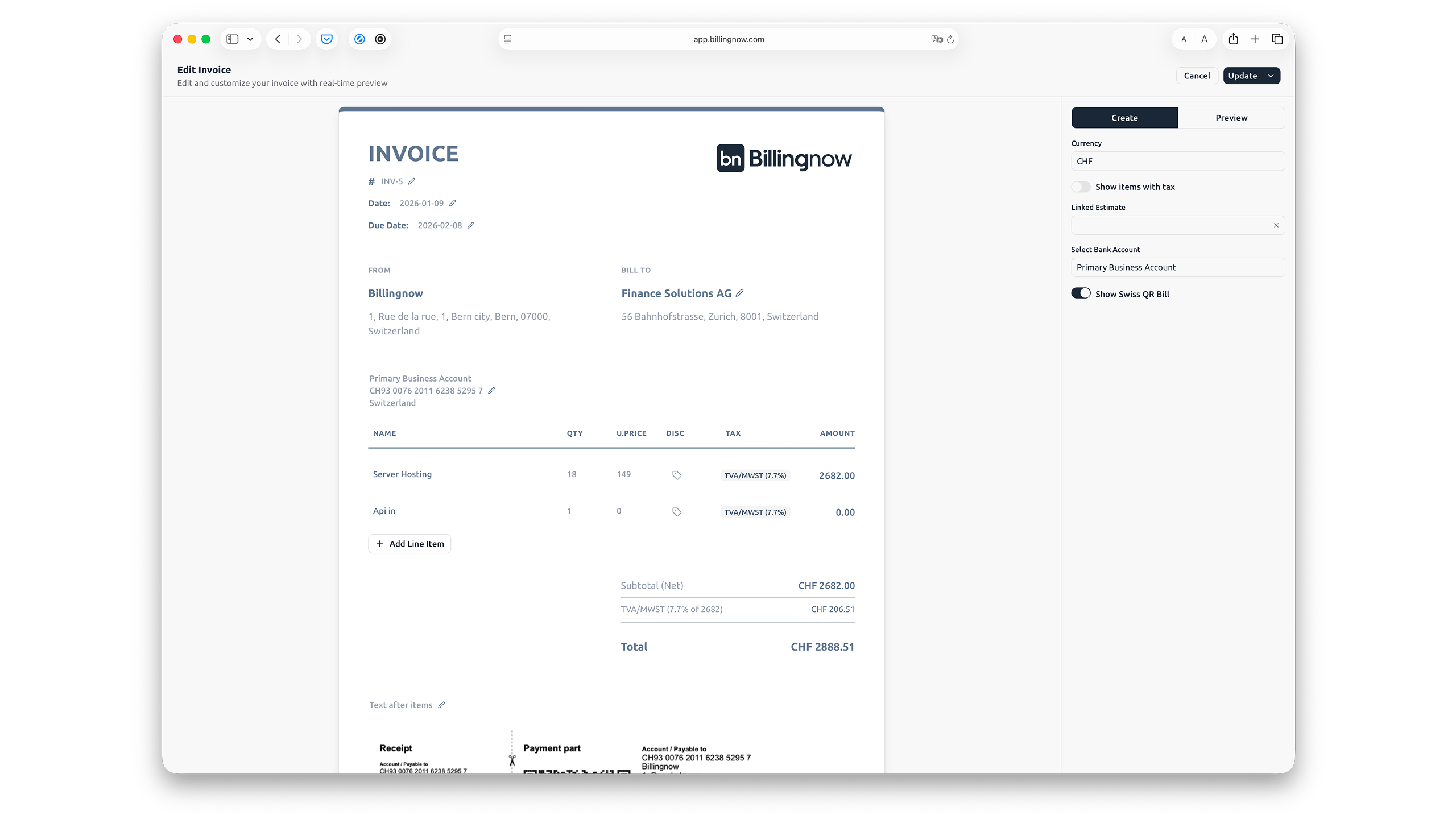 Invoice inline editor screen with editable columns and totals Invoice inline editor screen with editable columns and totals