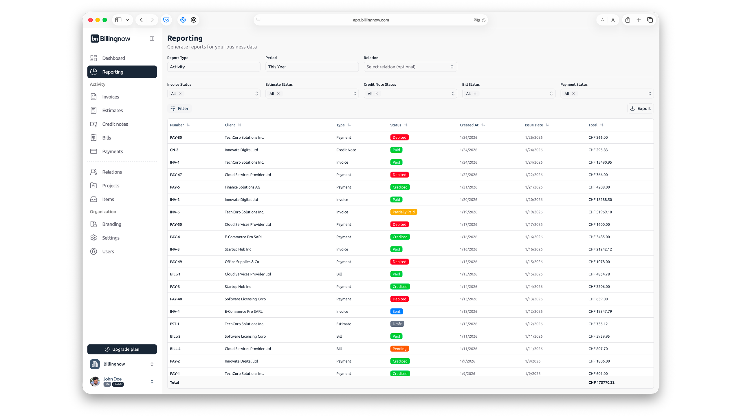 Reporting view showing documents and payments together in a single activity screen