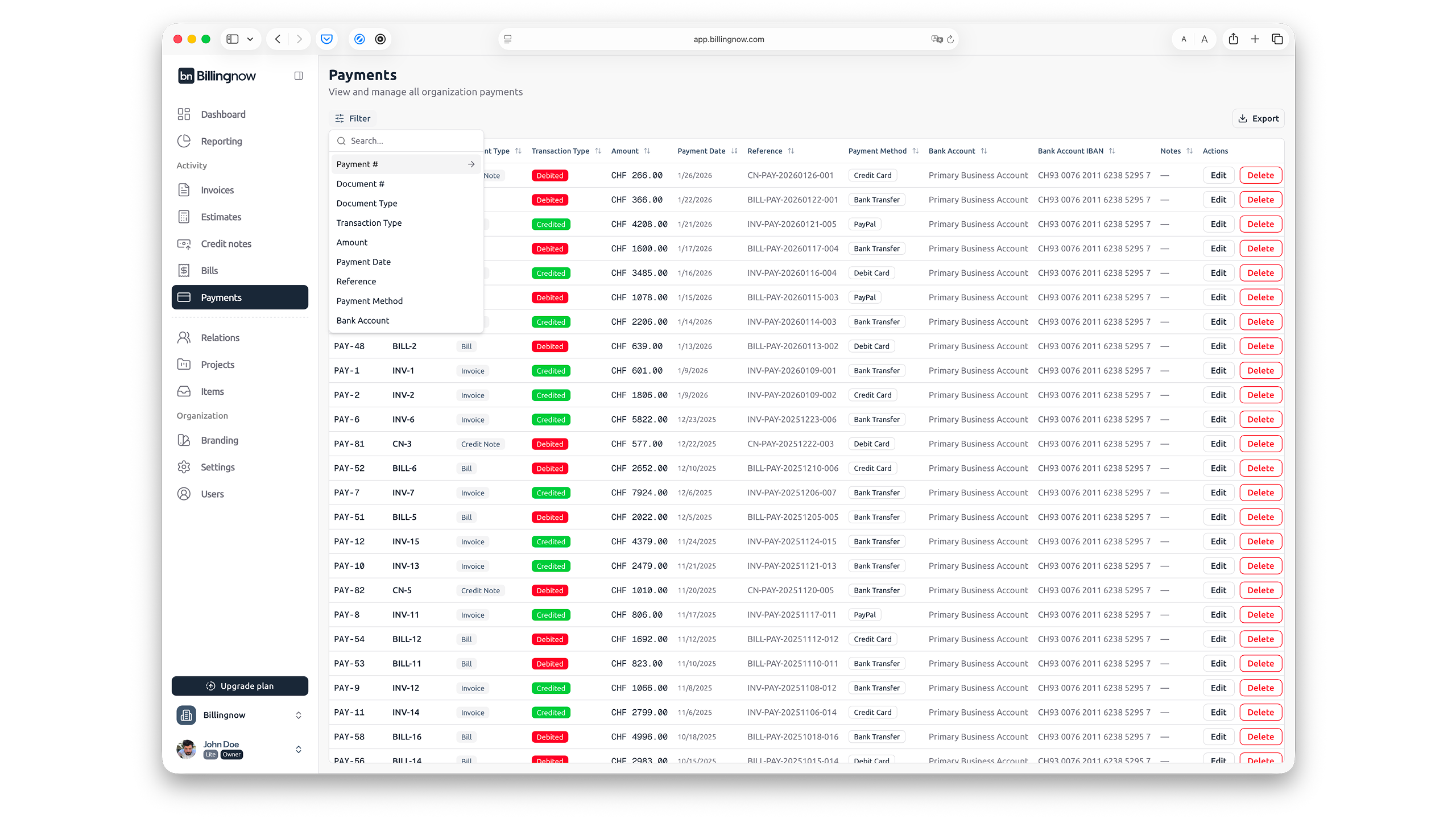 Payment details screen with credits and debits listed clearly