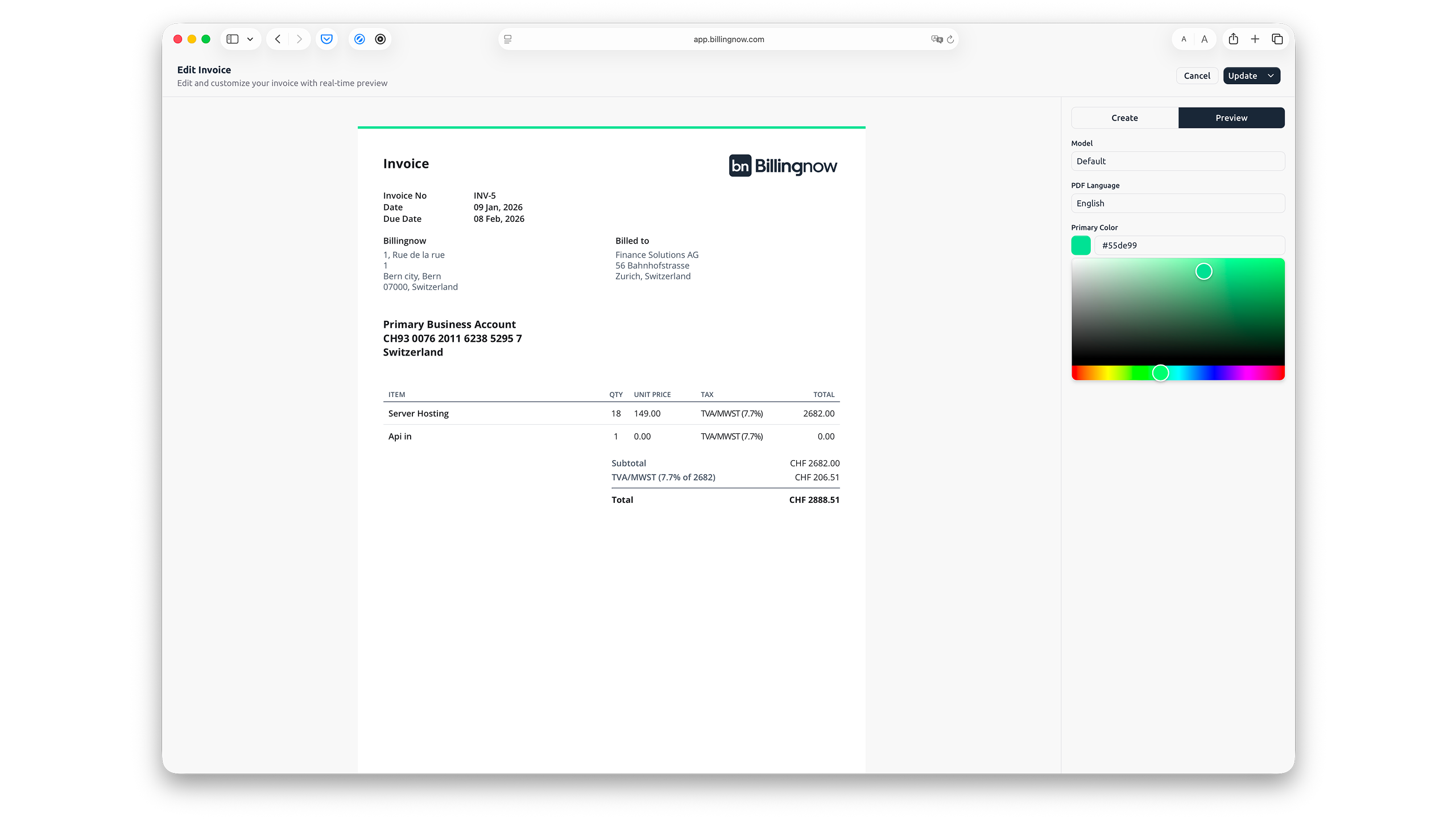 Invoice template editor showing layout and tax fields