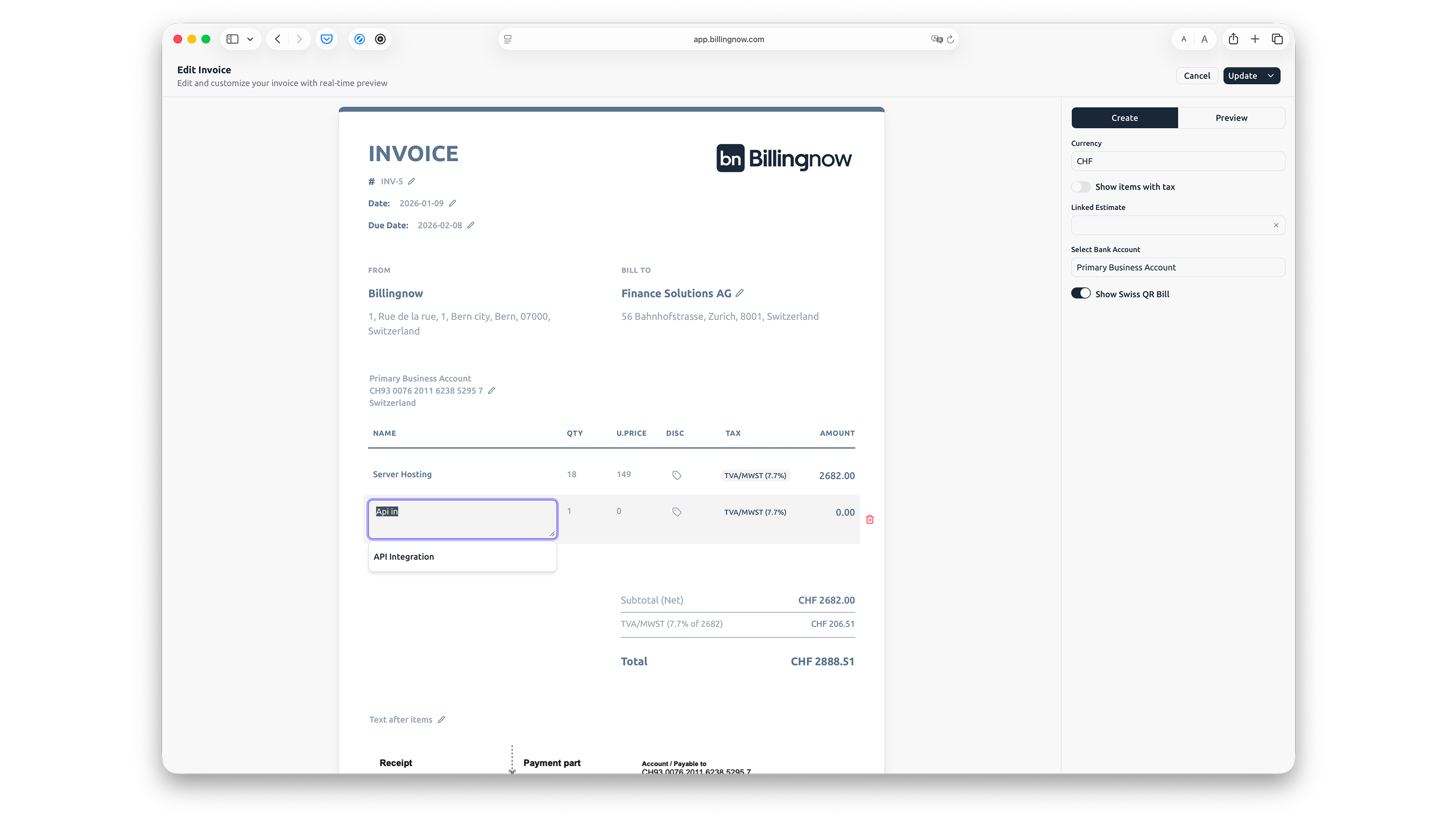 Invoice inline editor with editable invoice details