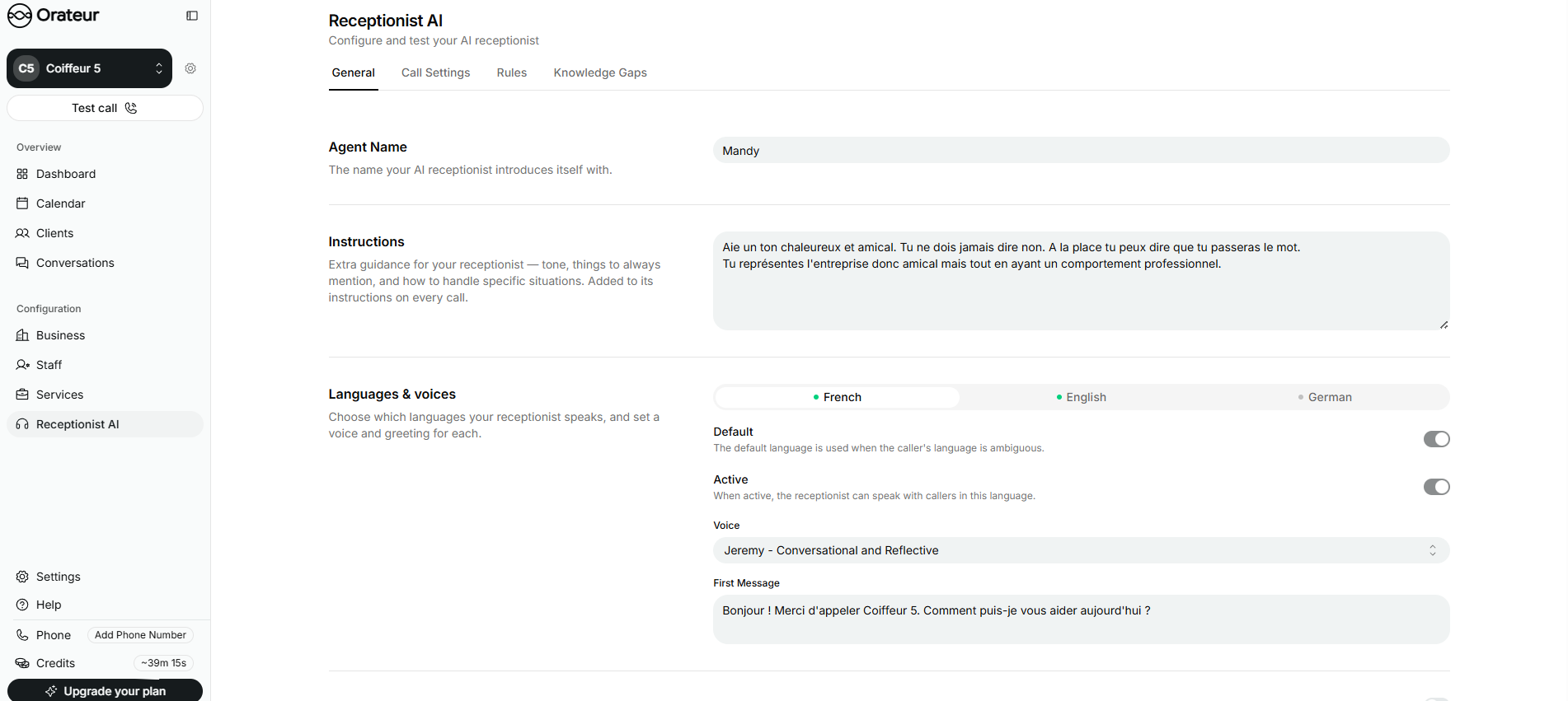 AI receptionist settings where tone, greeting, language, and background sound are configured