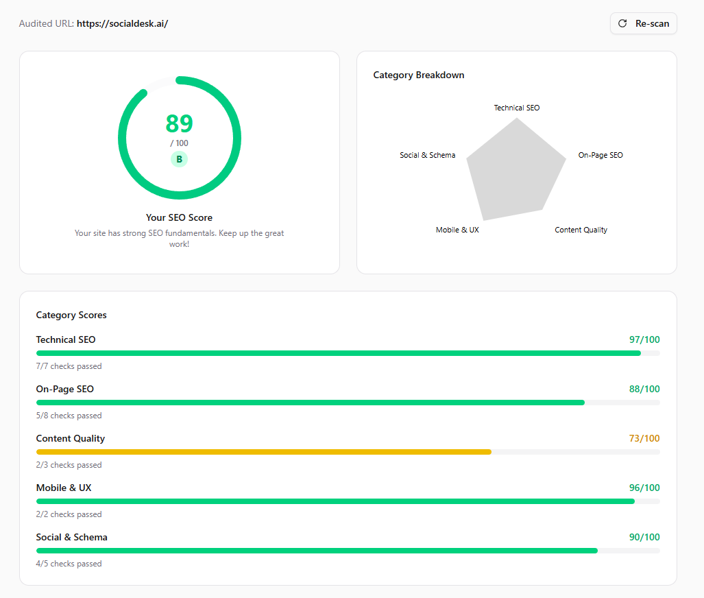 Global SEO audit score and scores by domain Global SEO audit score and scores by domain